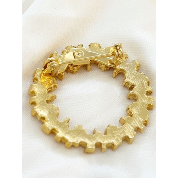 Gold Tone Textured Wreath Brooch Circle Pin MCM - Picture 3 of 3